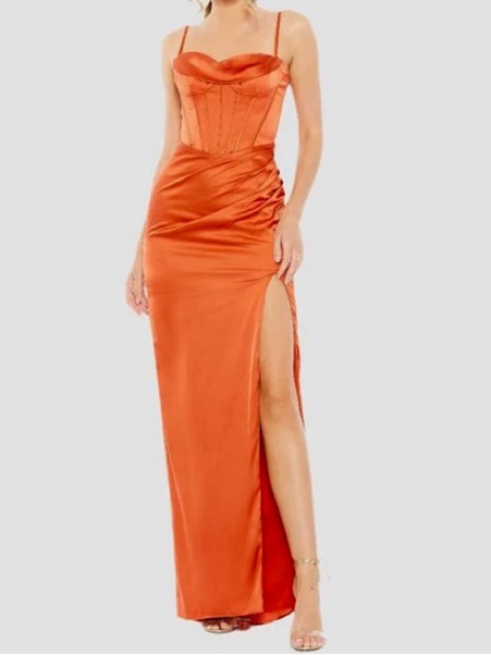 Mac Duggal 11562 Corset Bodice High Slit Dress Burnt Orange NWT